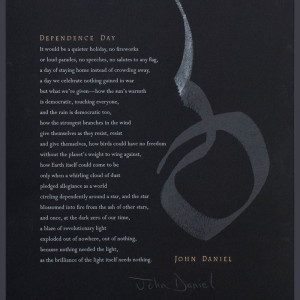 White text on black paper with an abstract image in shades of grey