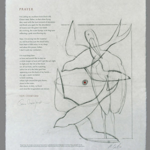 Overlapping line drawings of a stork and doves