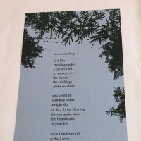 The text with pine boughs depicted in the top right and top and bottom corners