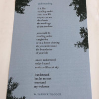 The text with pine boughs depicted in the top right and top and bottom corners